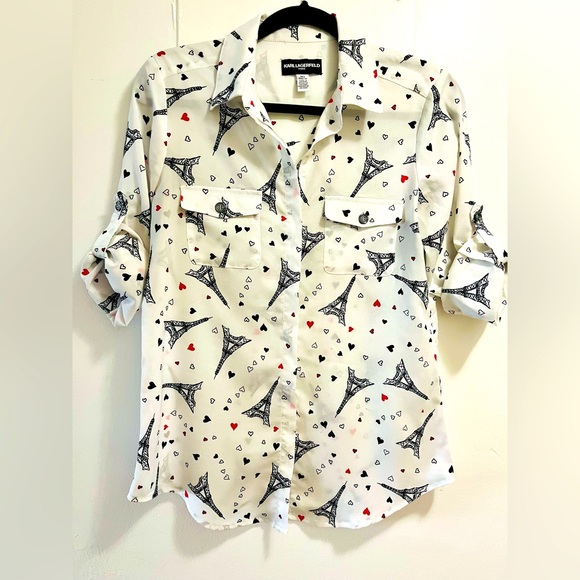Karl Lagerfeld Paris Hearts Eiffel Tower Button Shirt Womens Size XS - Picture 3 of 10